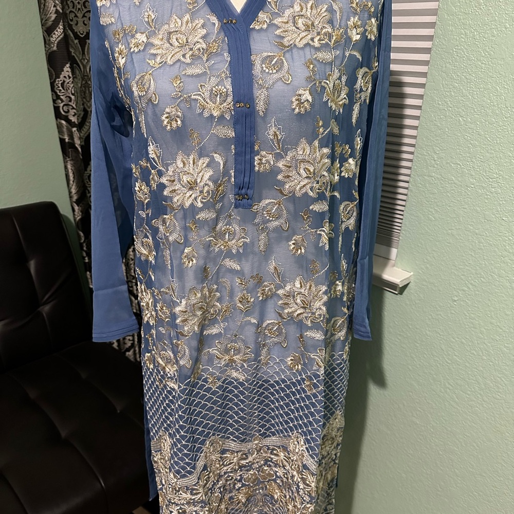 Blue Long Sleeve V-Neck Wedding Guest Dress